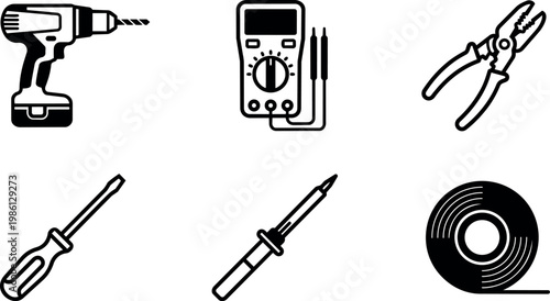Black and white line art electric drill multimeter pliers screwdriver soldering iron and tape vector icons