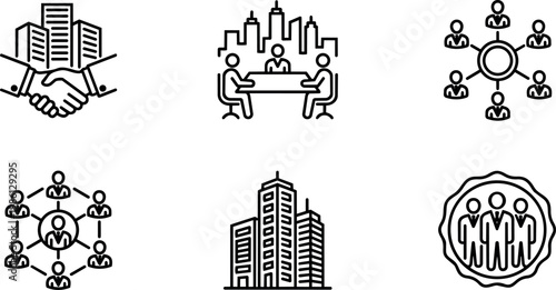 Black and white line art business icons representing handshake meeting networking and office buildings