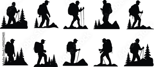 Hiker silhouettes collection with backpacks and trekking poles isolated on white background, outdoor adventure camping and mountain hiking activity concept