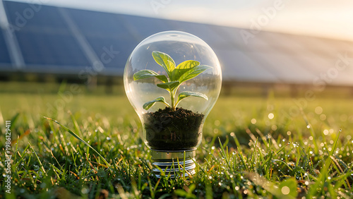 Solar Panel and Light Bulb Green Energy Saving Eco Friendly Home Concept