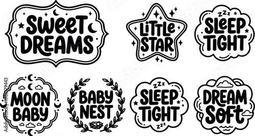 Black and white baby nursery phrase stickers with clouds stars and moon icons