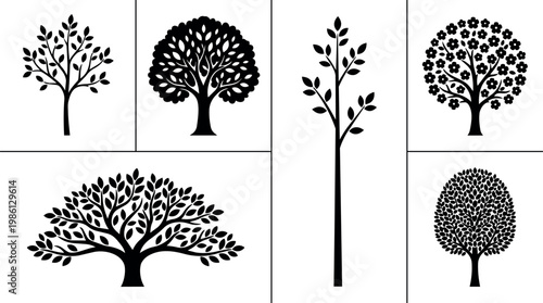 Black and white tree silhouettes with varied leaves and flowers vector art