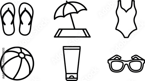 Black and white line art beach icons with flip flops umbrella swimsuit ball sunscreen and sunglasses