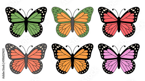 Vibrant collection of six colorful butterflies in flight Vector