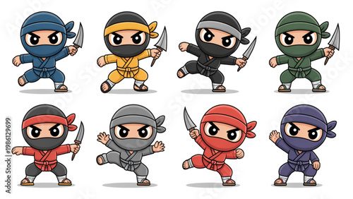 Eight pixel art characters in futuristic outfits with unique color schemes Vector