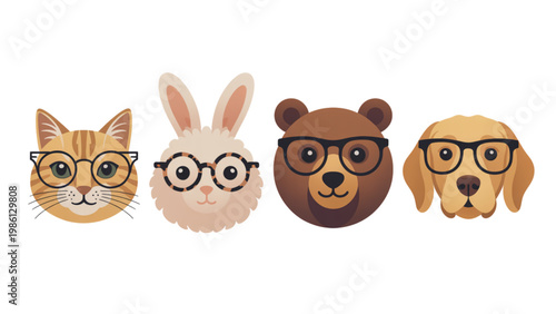 Four cartoon animals wearing heart-shaped glasses in a playful arrangement Vector