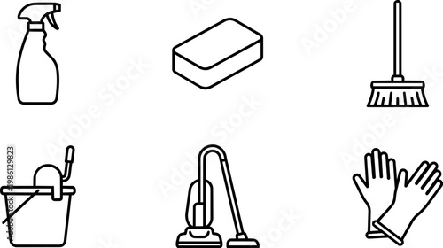 Cleaning supplies set with spray bottle sponge mop bucket vacuum and gloves line art