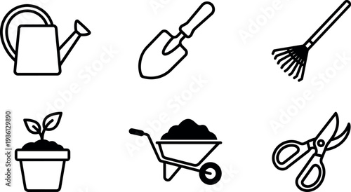 Black line art gardening tools watering can shovel rake plant pot wheelbarrow pruning shears