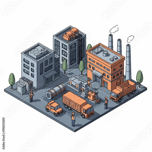 Isometric Industrial Factory Complex with Trucks and Buildings.