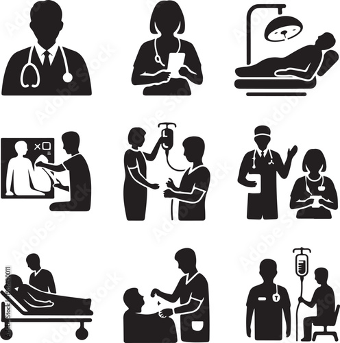 Comprehensive illustration of various medical and healthcare professions activities