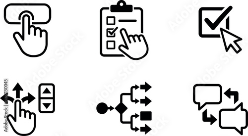 Black and white interface hand cursor icons showing clicking and selecting actions