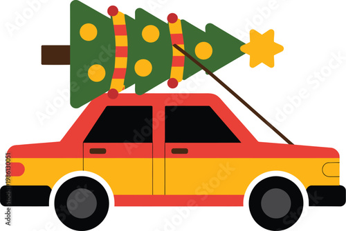 Holiday car and Christmas tree icon, vector illustration of a car carrying a Christmas tree, symbolizing festive travel, seasonal decoration, and winter holiday spirit.