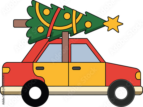 Christmas tree on car vector illustration, holiday season icon showing a decorated tree strapped on a vehicle, editable stock design for festive transport, winter celebration, and Christmas-themed gra