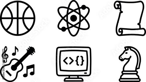 Black and white line art icons of basketball atom scroll guitar computer code chess knight
