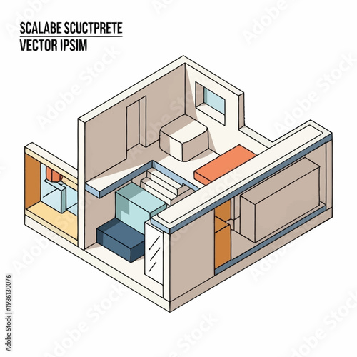 Isometric architectural drawing of a modern interior space.