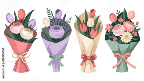 Colorful bouquets of flowers with ribbons tied in elegant knots Vector