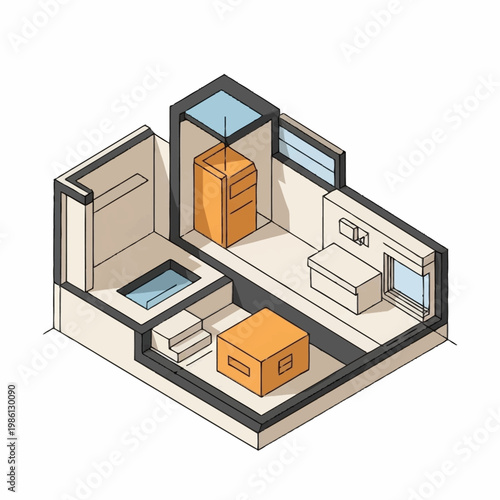 Isometric view of a modern storage unit with boxes and furniture.