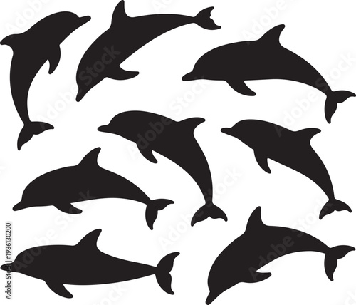 A playful pod of dolphins leaping and swimming in formation together