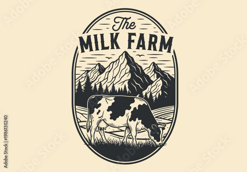 Vintage Milk Farm Logo Design featuring a Grazing Cow, Alpine Mountains, and Pine Trees in a Retro Engraving Style