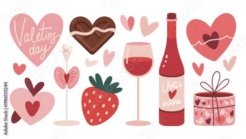 Colorful hearts, strawberries, and wine bottle with romantic icons Vector