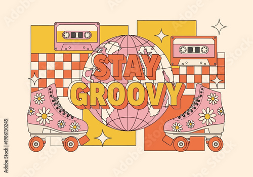 Stay Groovy Retro 70s Aesthetic Illustration with Vintage Roller Skates, Cassette Tapes, and Globe on Checkered Background - Nostalgic Vector Style Graphic