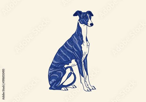 Elegant Blue Whippet Greyhound Illustration, Minimalist Sighthound Sitting Dog Art on Cream Background