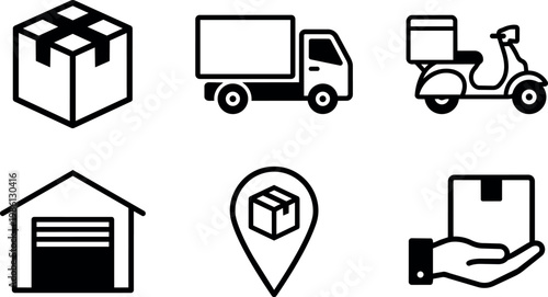 Black and white delivery box truck scooter warehouse location and hand icons