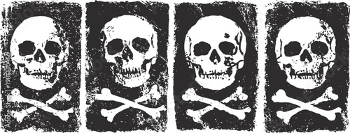 Grunge skull and crossbones symbols in black and white with distressed textures