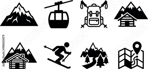 Black and white icons of mountain skiing cabin trail map and cable car vector art