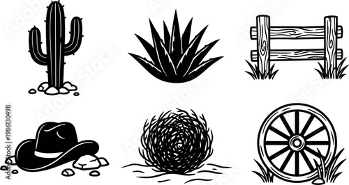 Black and white cactus agave fence tumbleweed cowboy hat and wagon wheel vector art