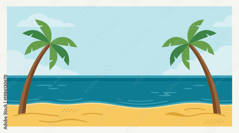 Obraz premium A clean and inviting flat design illustration featuring a serene tropical beach with swaying palm trees and clear blue water, perfect for summer promotions or travel-themed content.