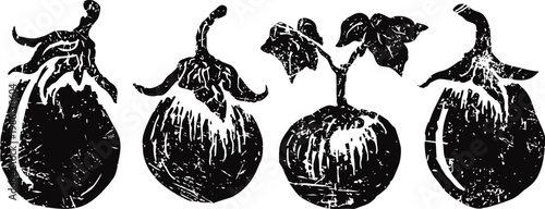 black and white vintage eggplant illustrations with leaves and stems, botanical vegetable sketches collection
