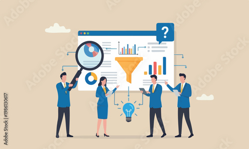 Business data bank,meeting teams together database or statistics, marketing technology or data funnel or indicator concept, businesswoman work with data analysis and magnifying glass