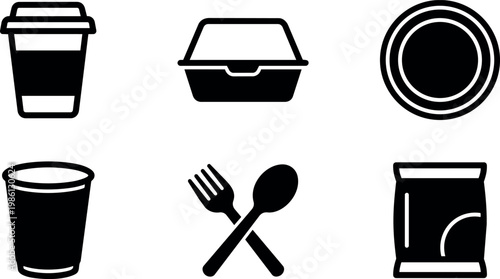 Black and white fast food icons with cup plate cutlery and snack bag