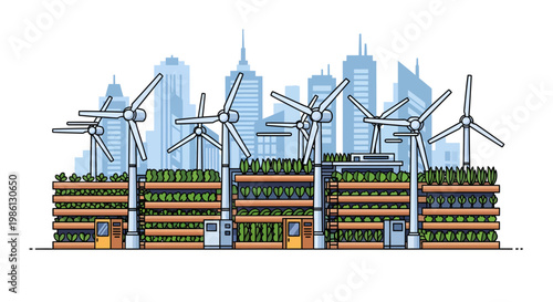 Cityscape with urban garden and wind turbines ecofriendly concept