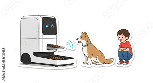 Boy and dog interacting with food delivery robot