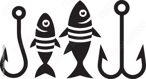 Two striped fish caught on a pair of vintage fishing hooks with rings