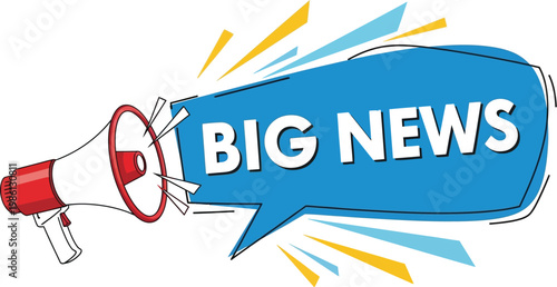 Dynamic vector illustration of a megaphone broadcasting important "BIG NEWS" in a vibrant blue speech bubble design concept.