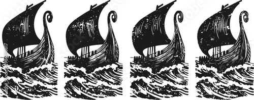 Viking ship sailing on ocean waves with stylized sails in vintage woodcut illustration