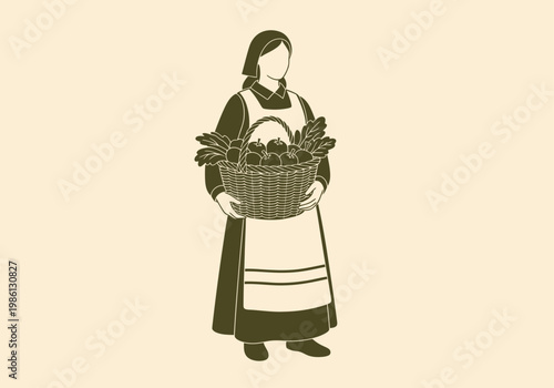 Vintage Linocut Illustration of a Peasant Woman Carrying a Basket of Fresh Harvest Produce, Rustic Farmer Woman with Fruit Basket Silhouette