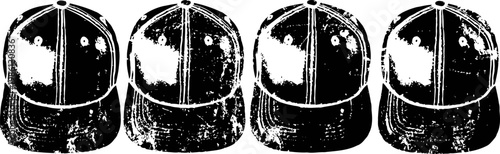 Four vintage flat caps in a row, classic hats made of textured fabric with stitched panels and small button tops