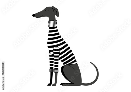 Minimalist Vector Illustration of a Greyhound Dog Wearing a Black and White Striped Turtleneck Sweater