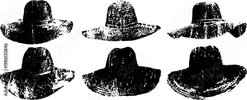 set of six vintage wide brimmed hats with varied shapes and textures in black silhouette