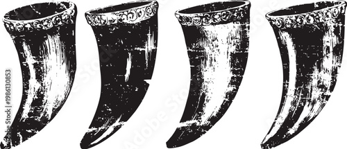 Four rustic viking drinking horns with decorated rims in black and white vintage