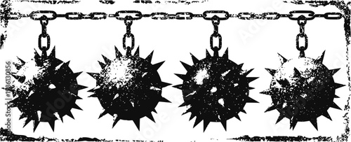 medieval spiked mace weapons hanging in a row on chains, vintage black ink drawing