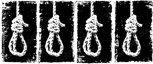 Grunge noose illustration repeated four times in distressed black and white design