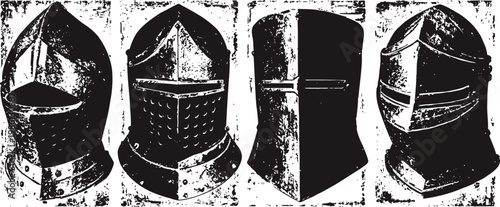 Medieval knight helmets set four vintage styled steel armors with various visor designs
