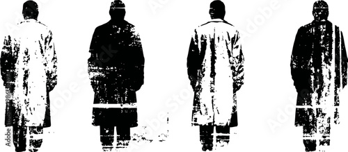 Silhouettes of four men standing in long coats captured from behind in black and white high contrast