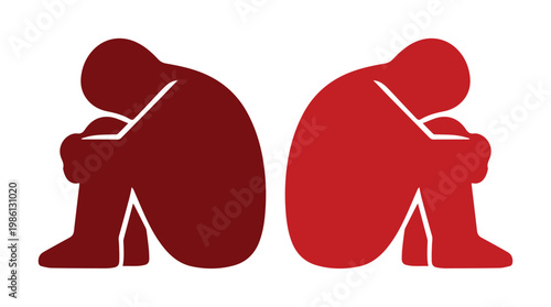 Depressed person silhouette icons, sad lonely human figures, red mental health vector symbols