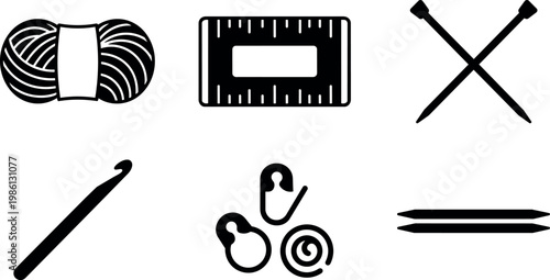 Black and white knitting tools yarn ball crochet hook and needles vector art
